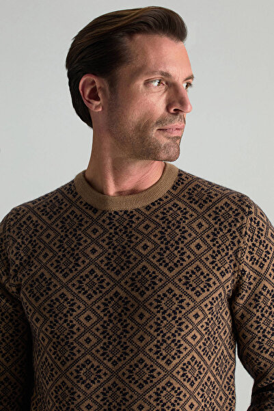 Hemington Merino Yünü Kar Desenli Camel Triko Kazak