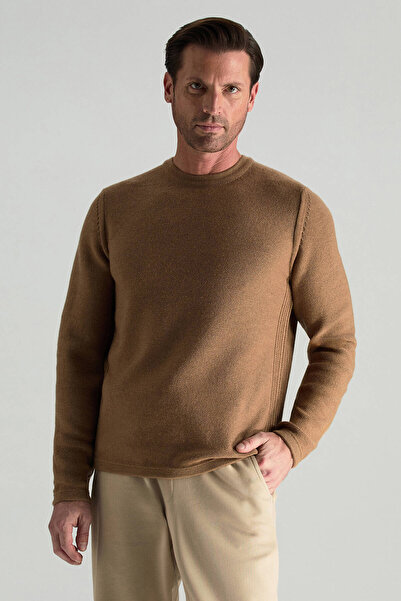 Hemington Merino Yünü Şerit Detaylı Bisiklet Yaka Camel Triko Kazak