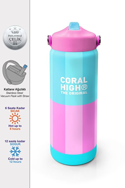 Coral High Turkuaz Pembe Çizgili Desenli Katlanır Ağızlıklı Çelik Termos 650 ...