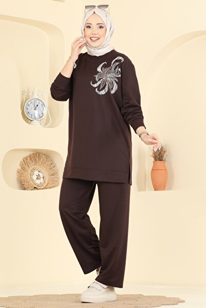 ModaMerve Çiçek Detaylı İki İplik Takım 212OZN1046-MS Kahve