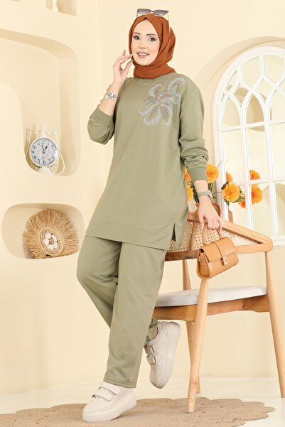 ModaMerve Çiçek Detaylı İki İplik Takım 212OZN1046-MS Çağla