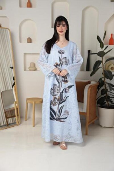 extel Elegant Jalabiya with Floral Embroidery in Sky Blue