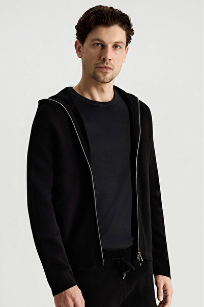 Hemington Saf Pamuk Kapüşonlu Slim Fit Siyah Hırka