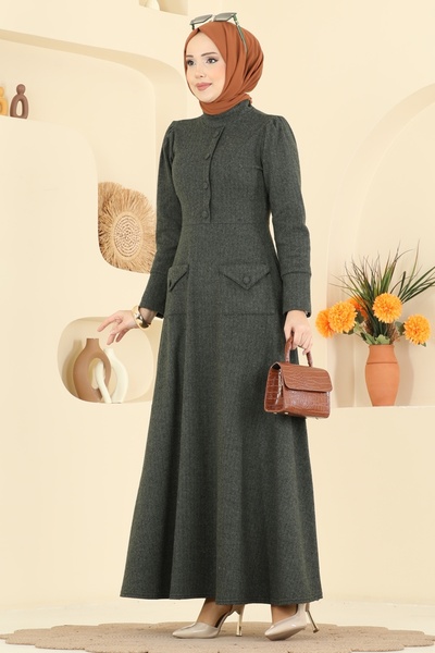 ModaMerve Cep Detaylı Balıksırtı Elbise 24018UKB139-MS Haki