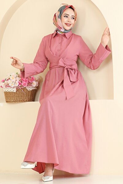 ModaMerve Önden Bağlamalı Terikoton Elbise 202ART1138-MS Gül Kurusu