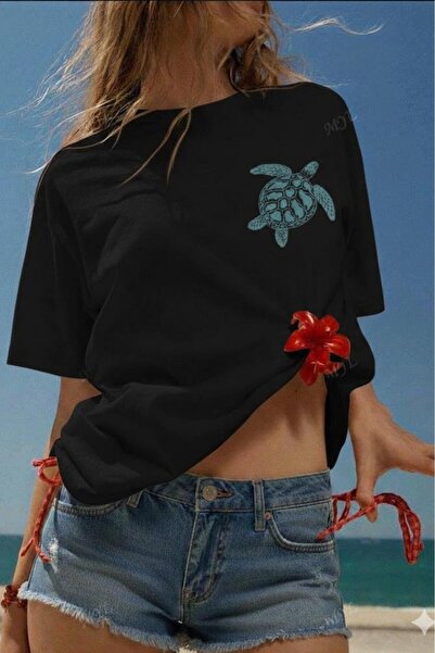 CAST COLLECTİON Tricou oversize cu imprimeu broasca țestoasă neagră pentru femei