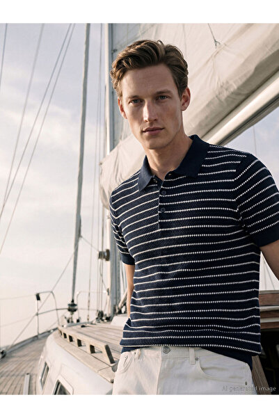 LC Waikiki Navy Blue Polo Neck Striped Men's Knitwear Sweater