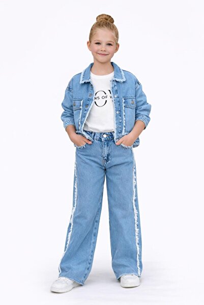 Bambam Girl's 3-Piece Tasseled Denim Jacket and Stripe Detailed Trousers Set ...