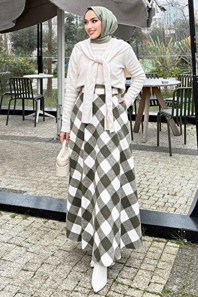 ModaMerve Yan Cepli Ekose Etek 4700ALGK1170-MS Desen 1 Haki