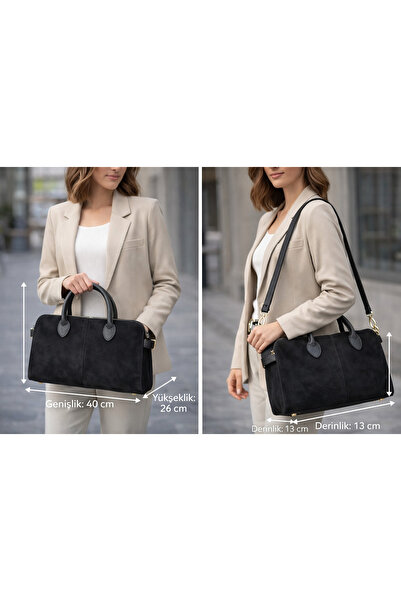 shop Kadın Siyah Süet El & Omuz Çantası — Orta Boy Fermuarlı Günlük Şık Klasi...
