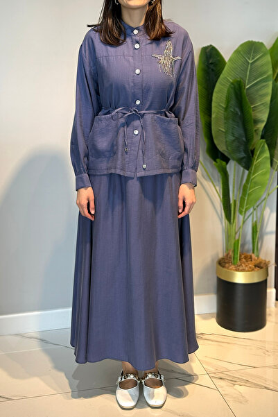 Lale Butik Stone Embroidered Shirt Bell Skirt Set 4443 Indigo