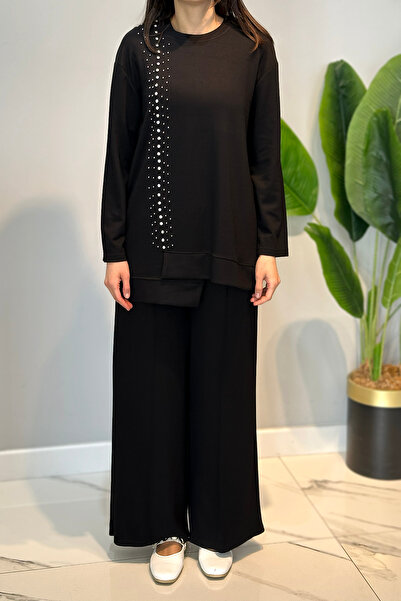 Lale Butik Cotton Stone Detailed Tunic and Loose Trousers Set 03 Black