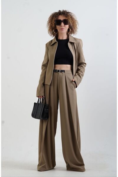 Zelish My Sister Khaki Pleated Wide Leg Pants