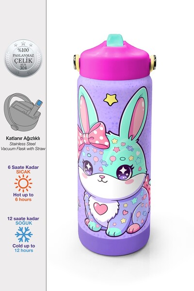 Coral High Milka Su Yeşili Tavşan Desenli Katlanır Ağızlıklı Çelik Termos 650...