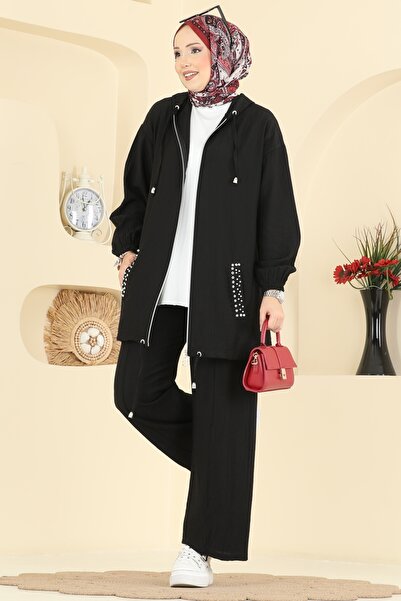 ModaMerve Cepleri Taşlı Dokuma Takım 3257HBS856-MS Siyah