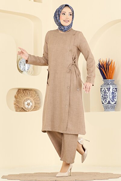 ModaMerve Aksesuar Düğmeli Keten Takım 367MP806-MS Bisküvi