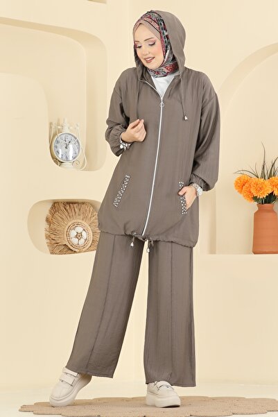 ModaMerve Cepleri Taşlı Dokuma Takım 3257HBS856-MS Toprak