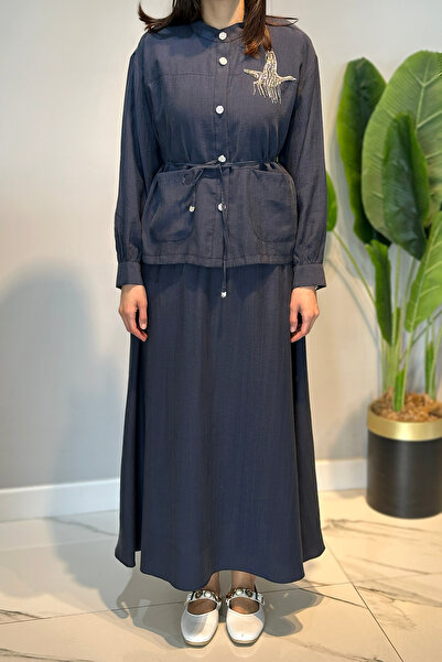 Lale Butik Stone Embellished Shirt Bell Skirt Set 4443 Navy Blue