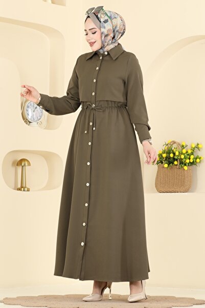 ModaMerve Beli Bağcıklı Dabıl Elbise 3327BLU797-MS Haki