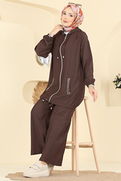 ModaMerve Cepleri Taşlı Dokuma Takım 3257HBS856-MS Kahve