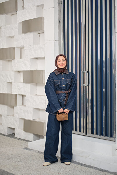 LOCCO Women's Garnished Collar Detail Denim Suit Navy Blue