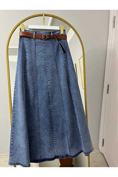 ZERDE Fermuarlı Kemerli Kot Etek