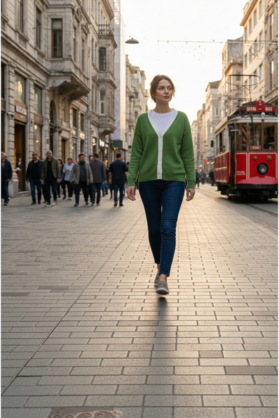 MELLY MORE Green Cardigan with White Bands (M-L)