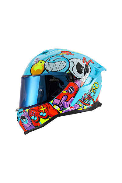 Sway SW 867 GAMER Gloss Motosiklet Kaskı - Mavi Kırmızı (desen Kaplı)