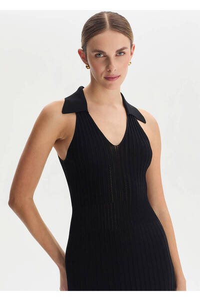 Knitss Polo Yaka Siyah Triko Elbise