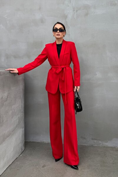 ZF BUTİK Women's Belted Blazer Jacket Pants Suit