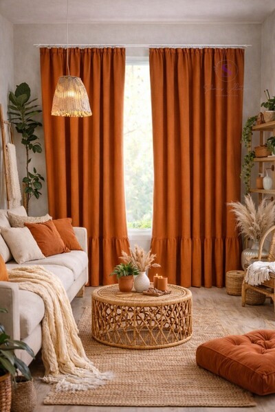 shules collection Natural Vintage Tile Linen Curtain with Ruffles at the Bott...