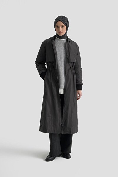 Armine TREND Boydan Fermuarlı Beli Büzgülü Kapüşonlu Paraşüt Kumaş Kap Antras...