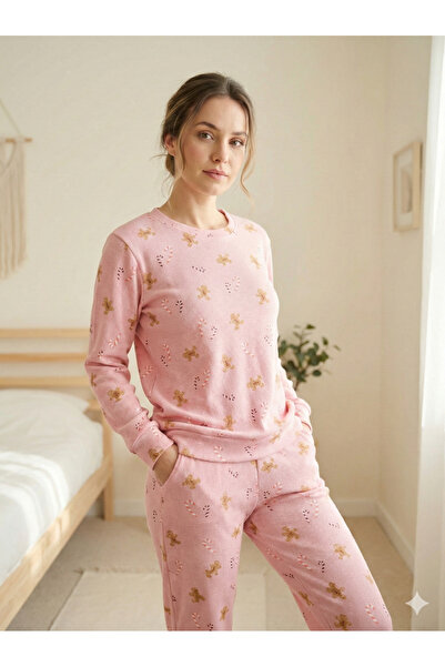 Aydoğan Kadın Desenli Waffle Pembe Uzun Kol Pijama Takımı