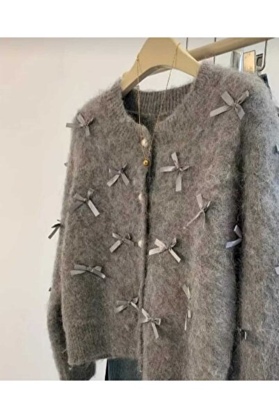 BULGUN BUTİK Gri Yumoş Triko Fiyonk Kurdele Detaylı Kadın Prenses Hırka