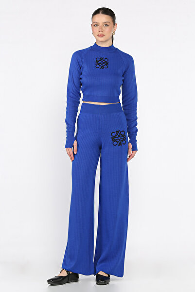 azragül giyim Women's Embroidered Crop Sweater Pants Knitwear Two-Piece Set