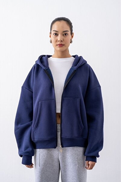 gothamvibes Women's Chill Oversize Navy Blue Zippered Sweatshirt