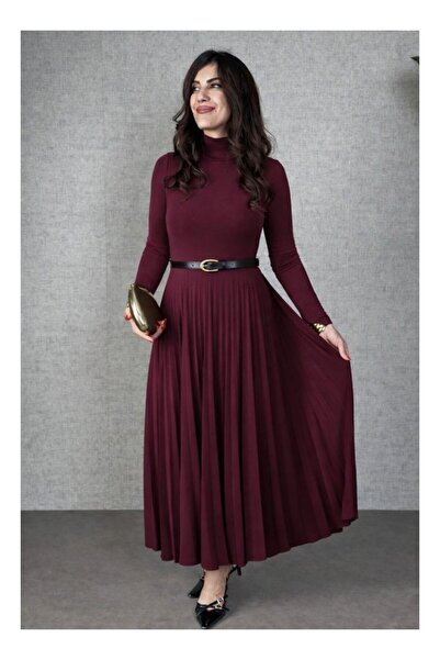 byasafkids Women's Long Sleeve Turtleneck Beltless Pleated Long Sandy Dress