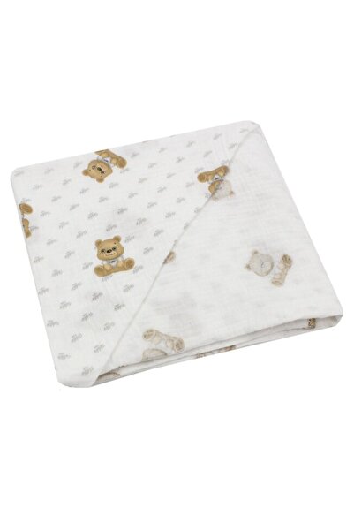 PRICHINDEL Prosop de muselină cu glugă, bumbac, ursuleț, alb, 80 x 100 cm