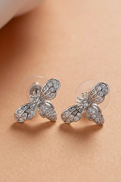 Elika Silver Zircon Stone Bee Earrings / Lucky Earrings - Silver Color
