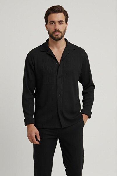 NO 601 Men's Black Regular Fit Ribbed Ottoman Fabric Shirt