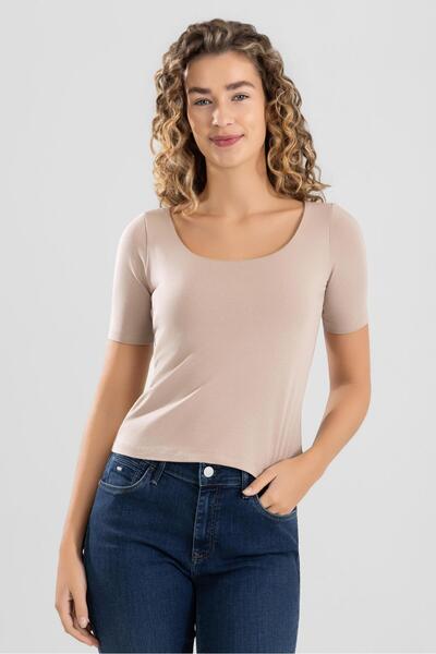 BAYKAR Дамска тениска от памук и ликра с широка яка и къс ръкав, 6314, телесе...