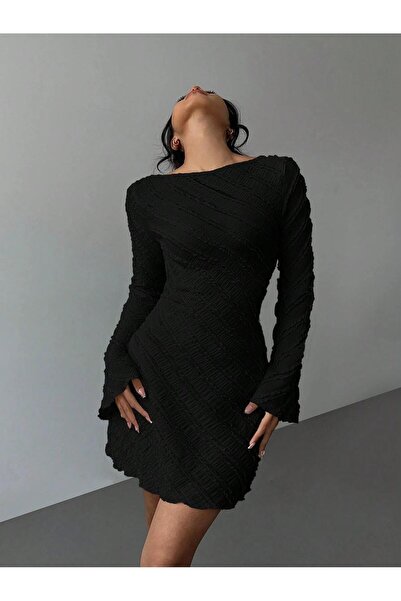 Afri Women's Black Textured Horizontal Collar Mini Dress - Premium Crinkle Fa...