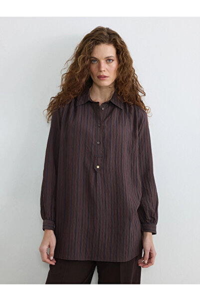 LC Waikiki Lcwaikiki Classic Navy Blue Striped Oversize Dobby Women's Shirt T...