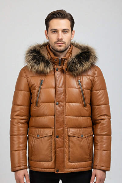 Deriderim Tan Fur Hooded Inflatable Design Genuine Leather Coat with Button a...