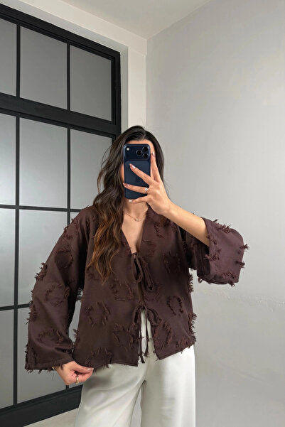 Lusin Women's Brown Tassel Detailed Tie-Up Seasonal Summer Premium Linen Shir...