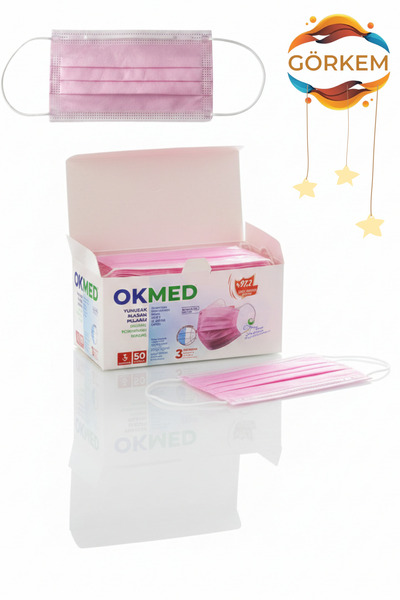 OEM MASK OK Pembe Lastikli Cerrahi Maske - 50 Adet - Hijyenik Konforlu 3 Katl...