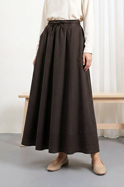 MODAQU Rubber Waist Skirt with Pocket and Stitching Detail – Dark Coffee