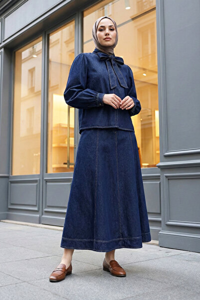 MODAQU Set bluză și fustă din denim cu eșarfă - Bleumarin