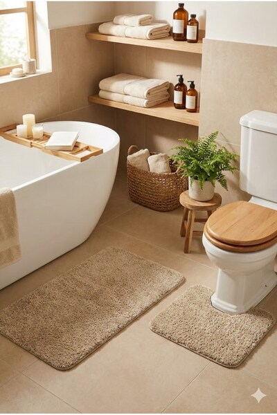 EUROBANO Shaggy Kaymaz Taban Yıkanabilir Klozet Uyumlu 60x100 60x50 2'li Set ...