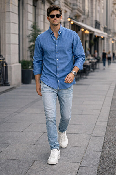 tiggir moda Men's Crinkle Linen Shirt and Jeans 2-Piece Set